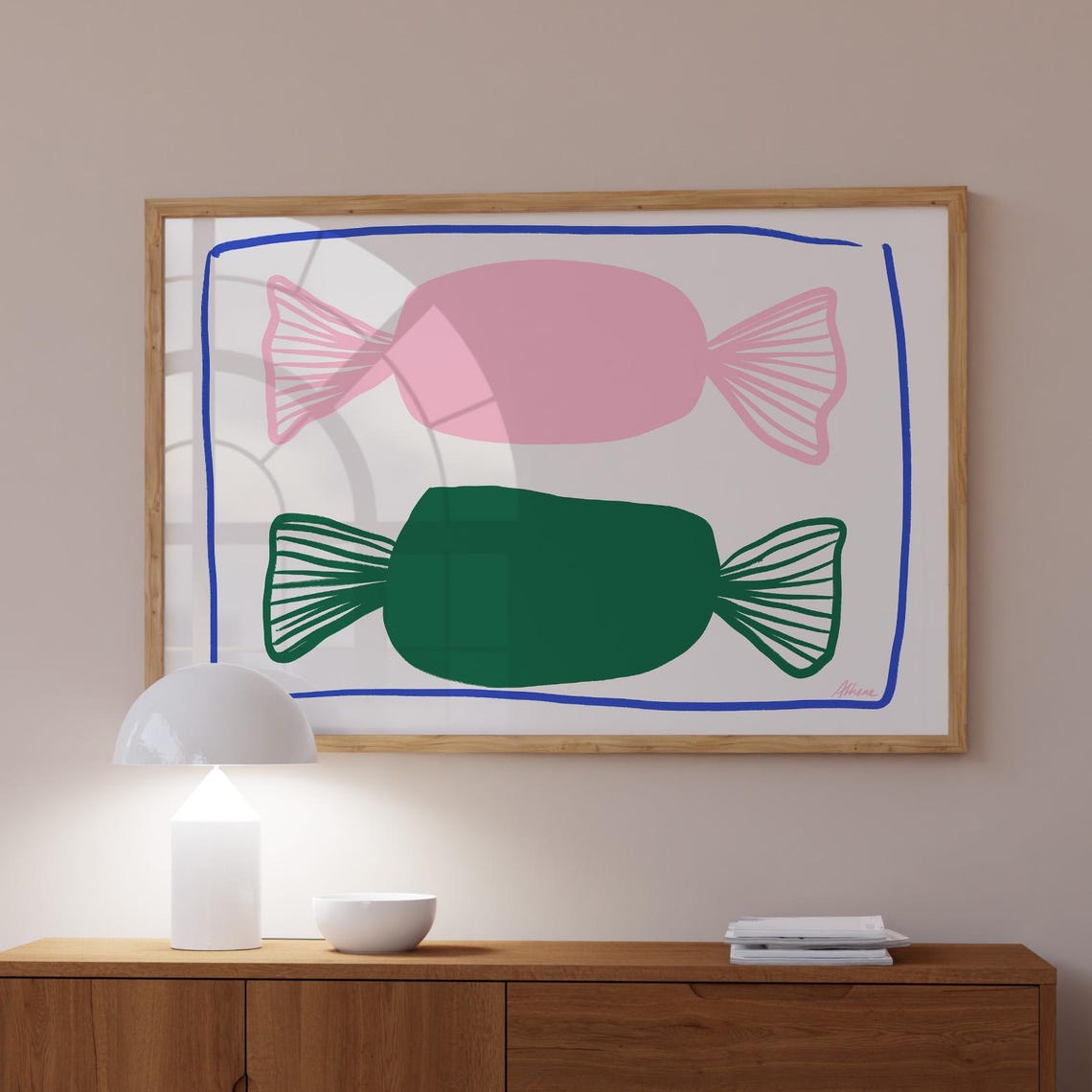 Pink Green Candy Sweets Hand Drawn Mid Century Kitchen Decor Print