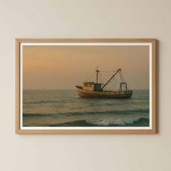 Fishing Boat Wallart Poster Ocean Sunset Wall Art Vintage Coastal Photo Print Jpg Picture Landscape Image