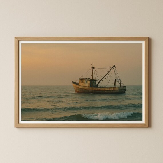 Vintage Fishing Boat On Calm Ocean At Sunset Coastal Wall Print