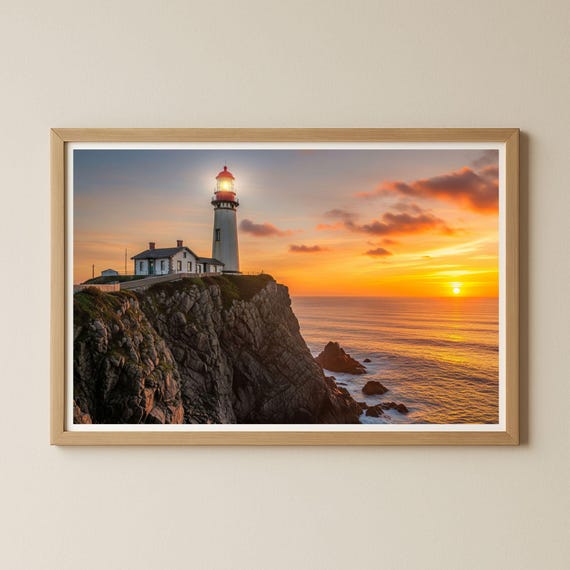 Lighthouse Wall Art Poster Picture Coast Ocean Sunset Landscape Image Sze2