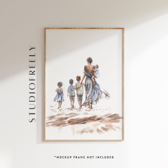Mother and Children Beach Walk Watercolor Poster in Soft Neutral Tones
