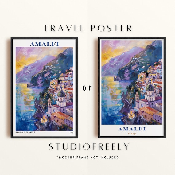 Amalfi Italy Sunset Coastal Town Painted Vintage Travel Poster