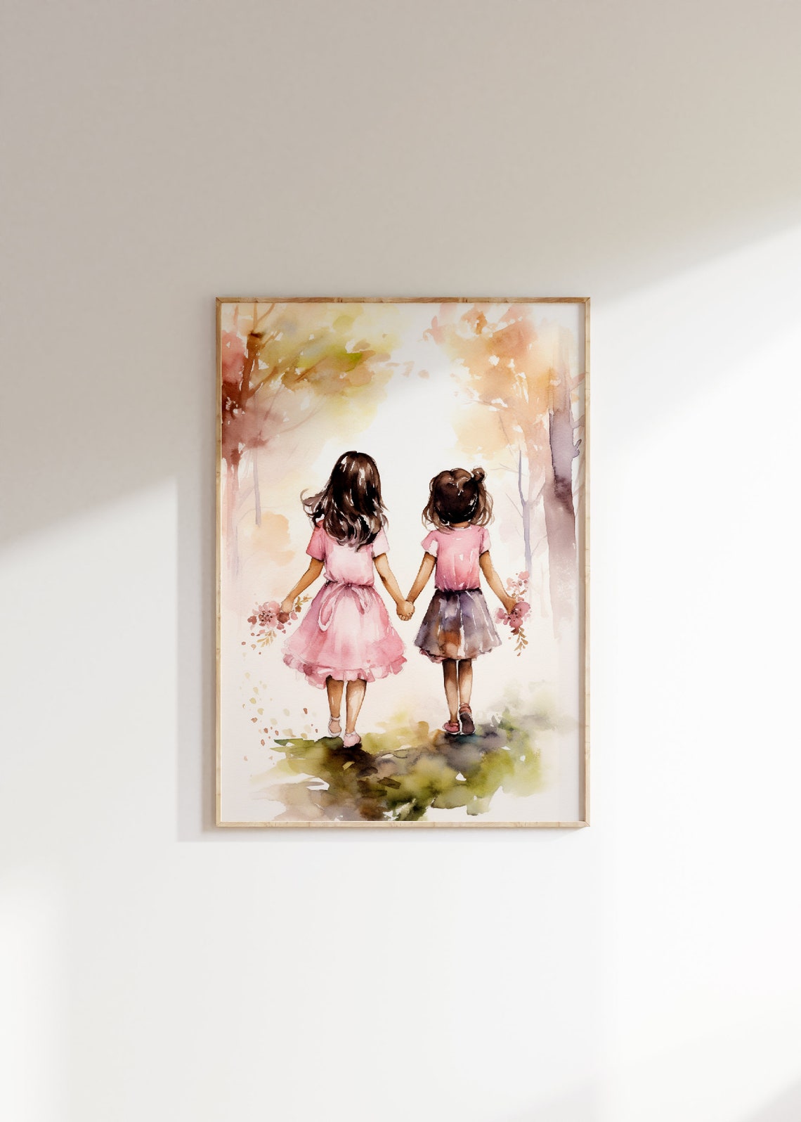 Two Sisters Holding Hands Watercolor Print Pink Girls Bedroom Art