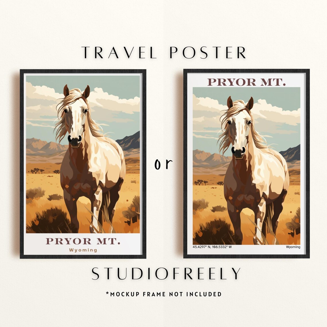 Vintage Pryor Mountain Wild Horse Poster Art Deco Style