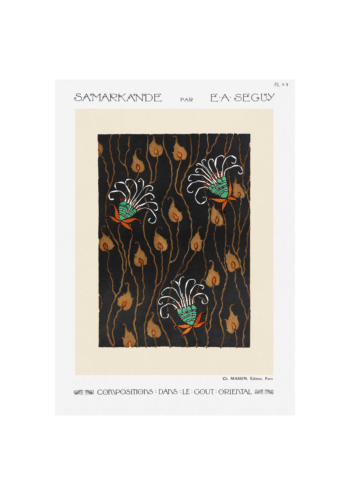 E.A. Seguy Samarkand Plate 9 Black and Teal Oriental Bloom Poster