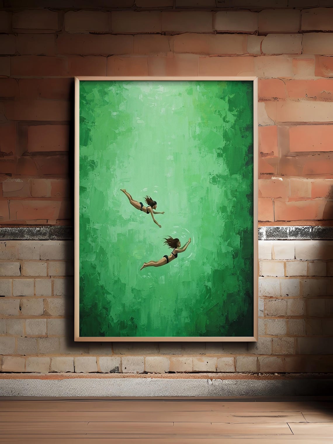 Emerald Green Abstract Swimming Painting Two Divers Summer Art Print