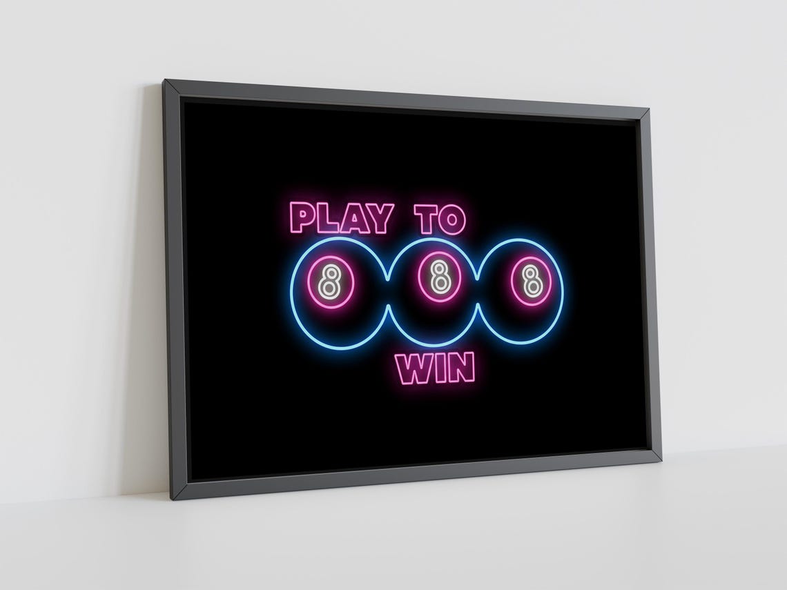 Play to Win Neon Sign 8-Ball Game Room Bar Black Light Wall Poster