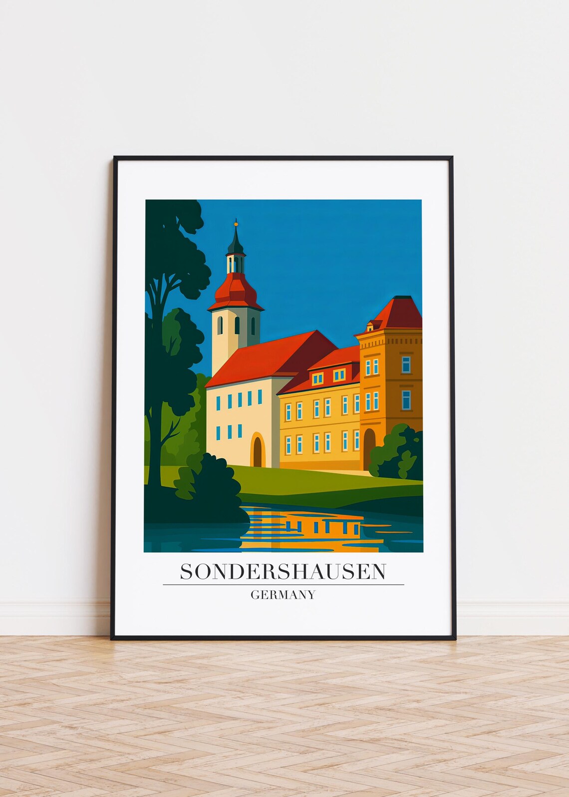 Sondershausen Germany Red Roof Church Lakeside Reflection Poster