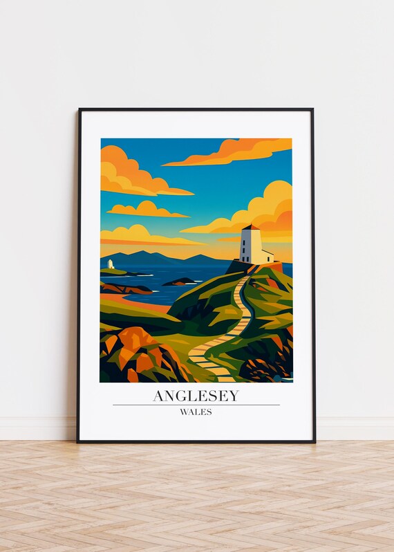 Anglesey Wales Lighthouse Vibrant Sunset Coastal Travel Art Poster