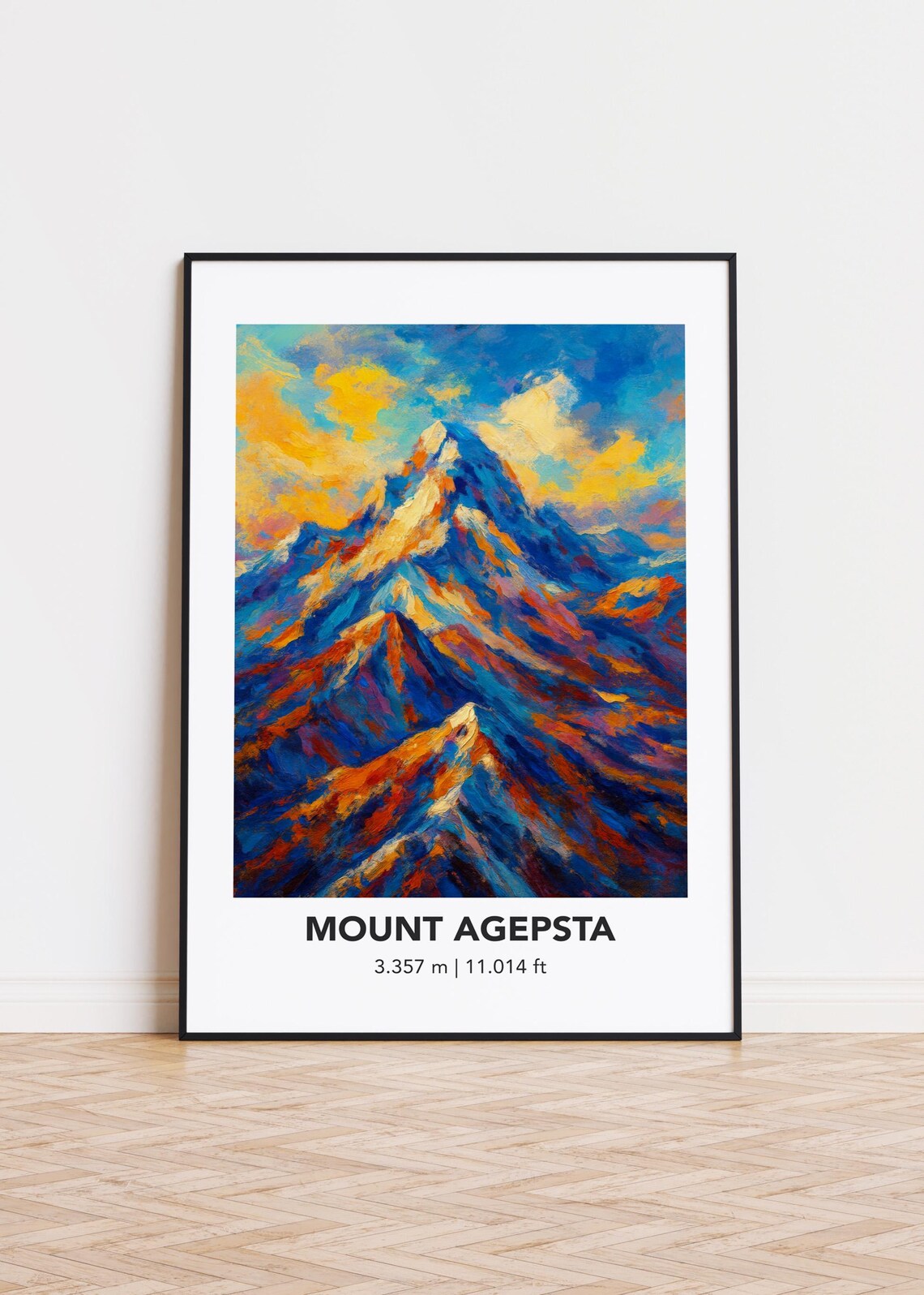 Mount Agepsta Snow Capped Peak Colorful Oil Painting Travel Poster