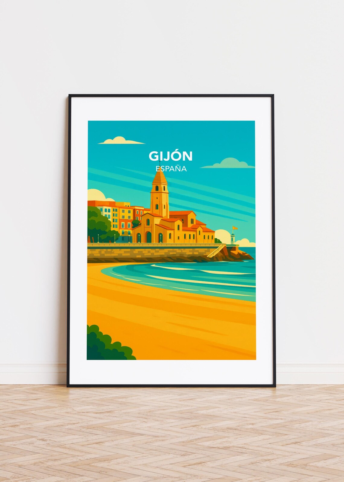 Gijon Spain Waterfront Church Beach Retro Travel Illustration Poster