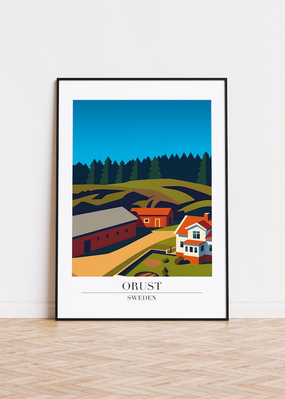 Orust Sweden Red Farm Buildings Green Rolling Hills Travel Poster