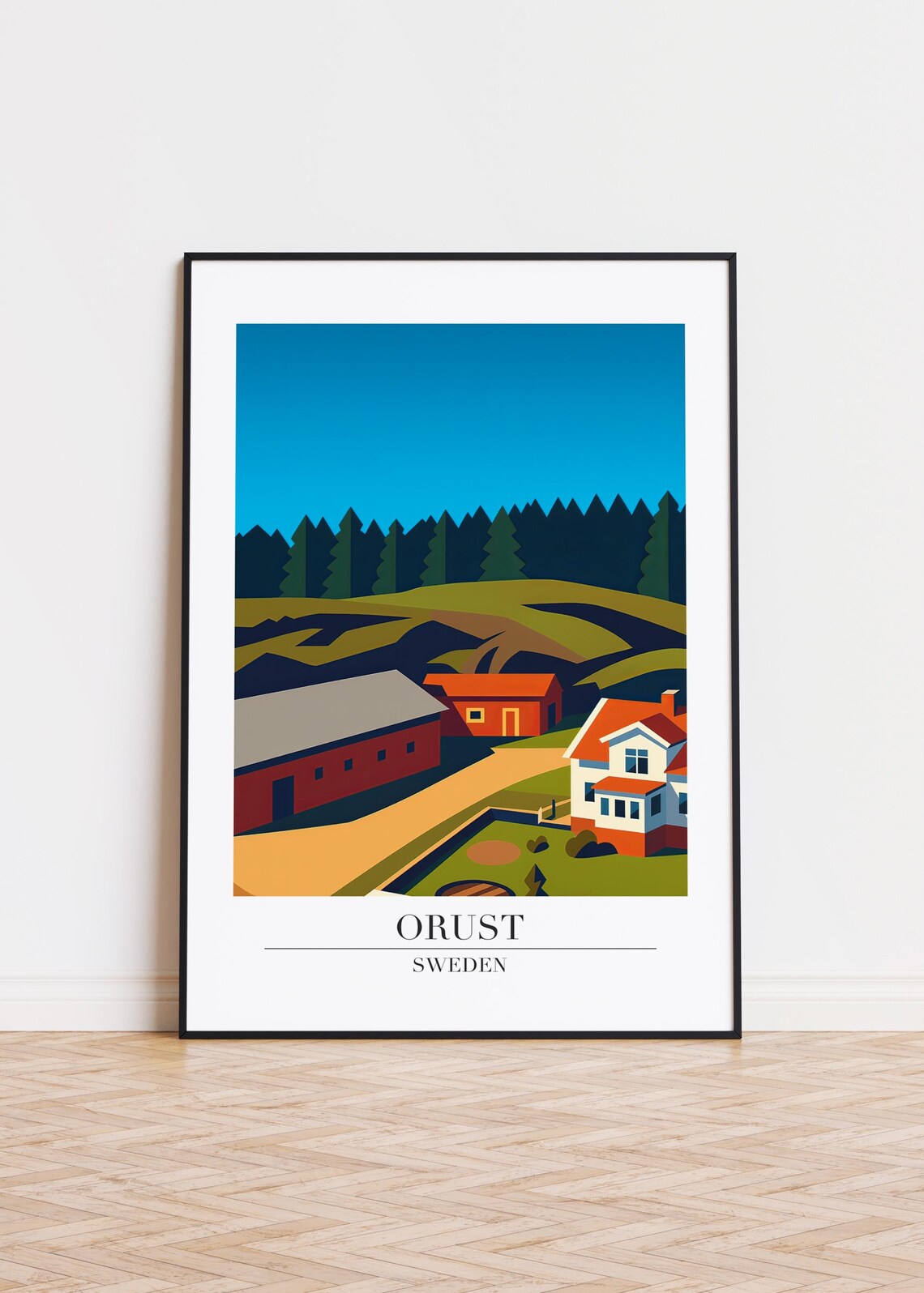 Orust Sweden Red Farm Buildings Green Rolling Hills Travel Poster