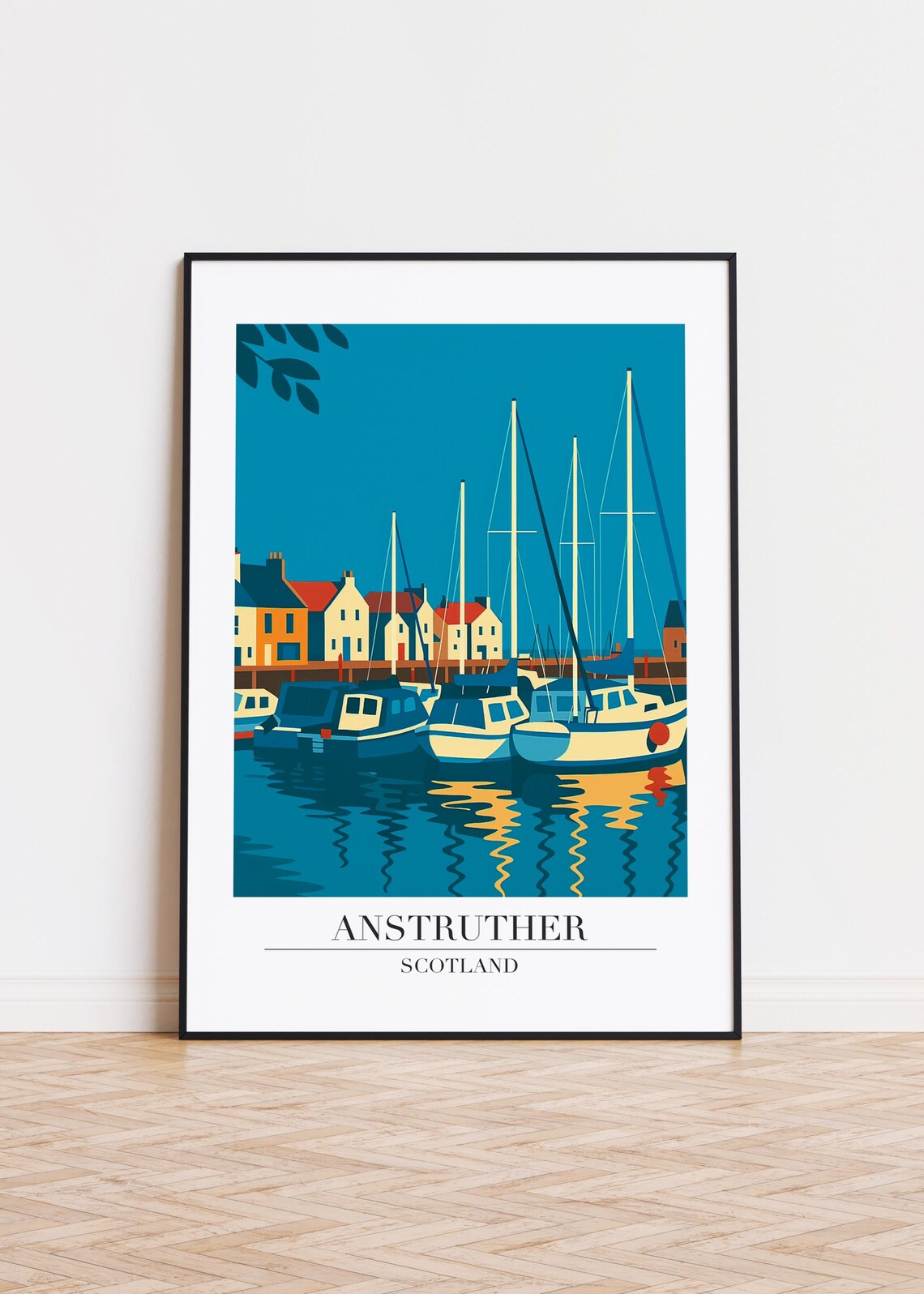 Anstruther Scotland Sailboat Harbor Reflection Modern Travel Poster