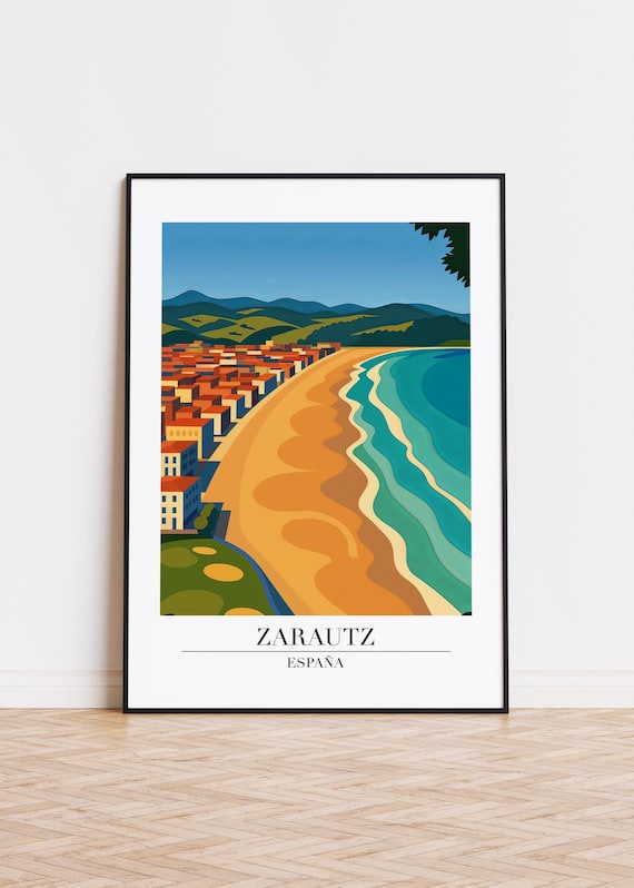 Zarautz Spain Beach Aerial View Modern Travel Illustration Poster