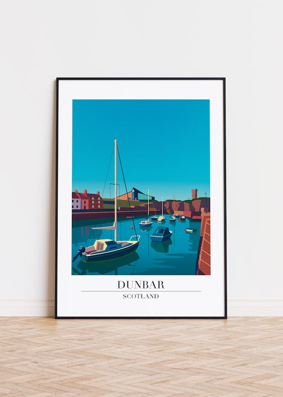 Dunbar Scotland Travel Poster With Sailboats In The Harbor Seaside Artwork