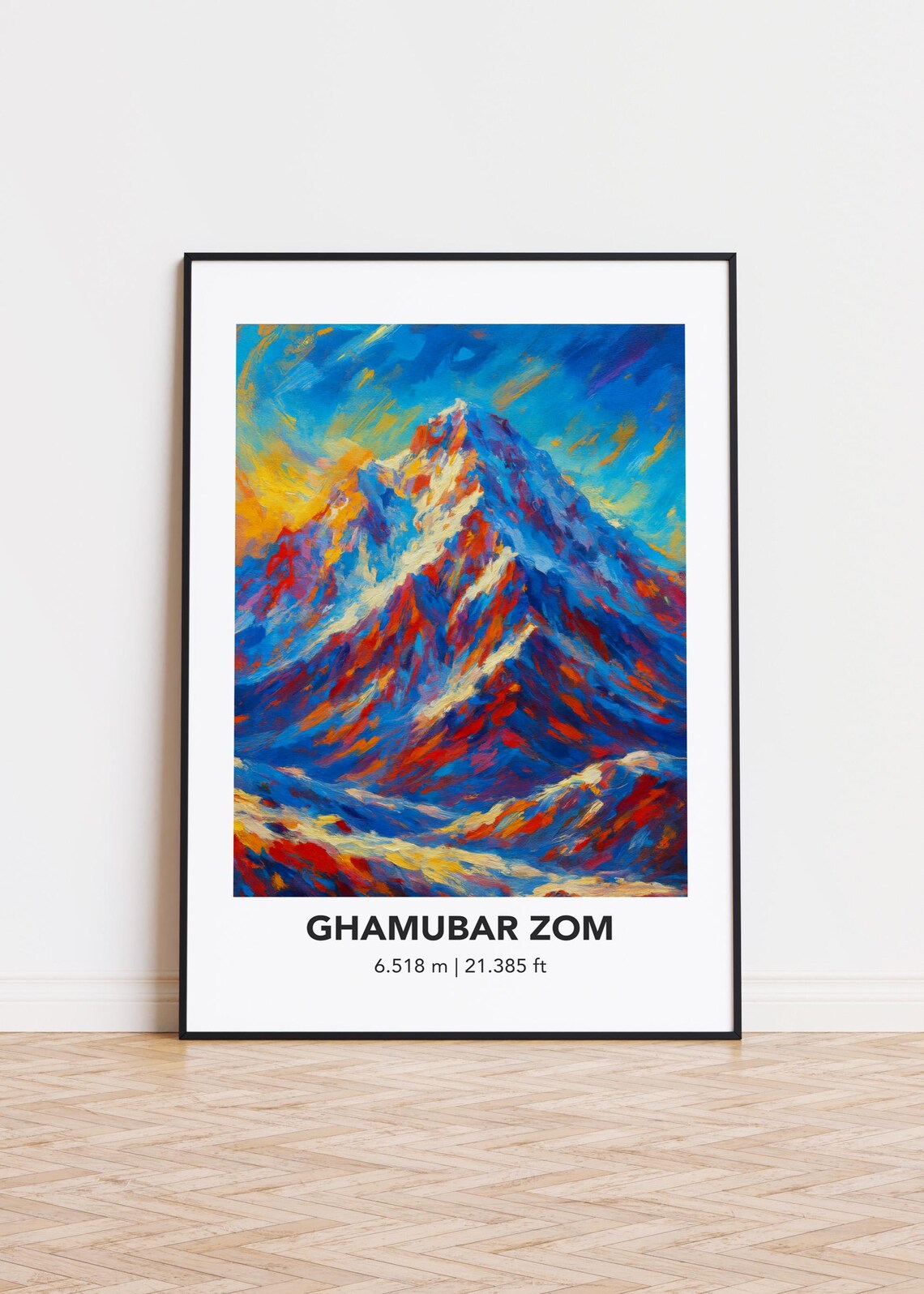 Ghamubar Zom Mountain Peak Vivid Blue Orange Oil Style Art Poster