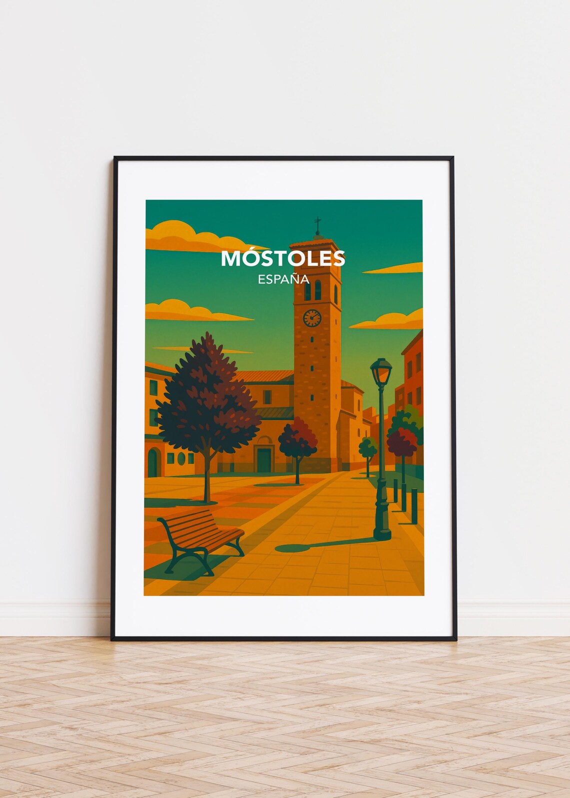 Mostoles Spain Clock Tower Plaza Vintage Cityscape Travel Poster
