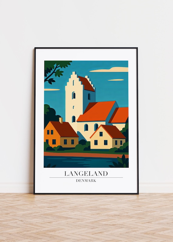 Langeland Denmark Village Church Retro Travel Poster Artwork