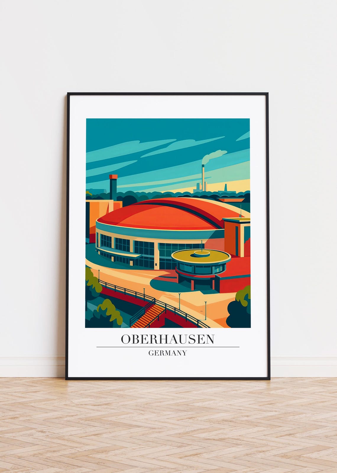 Oberhausen Germany Red Domed Arena Evening Sky Travel Poster