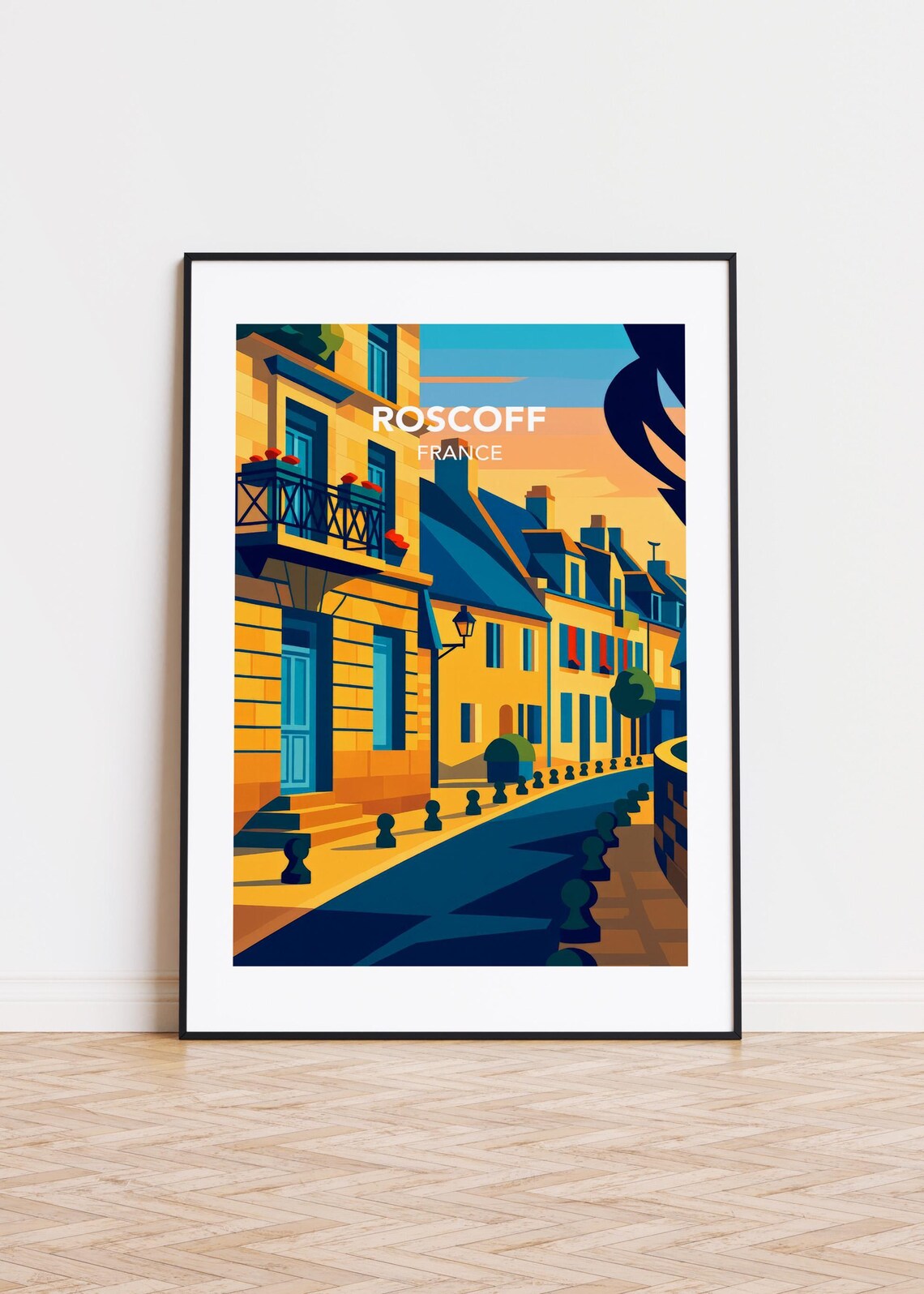 Roscoff France Sunset Harbor Town Street Golden Hour Illustrated Poster