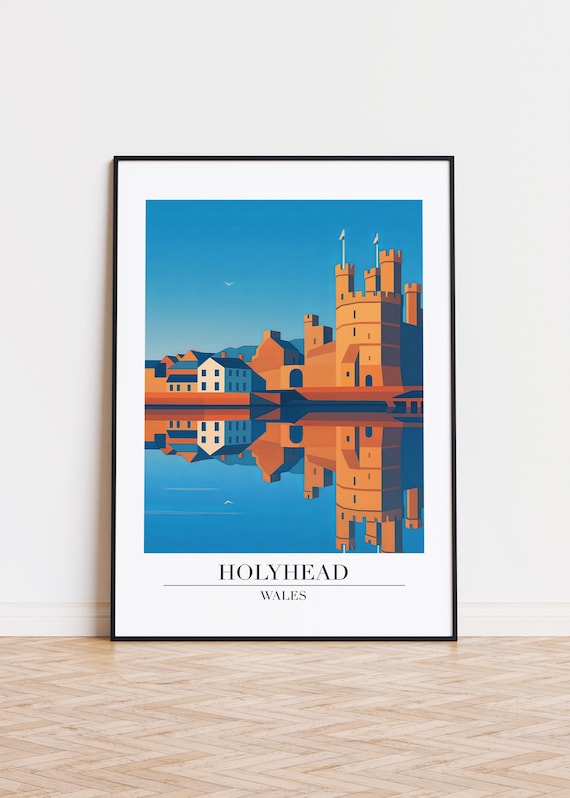 Holyhead Wales Castle Poster Sunset Harbor Reflection Travel Art