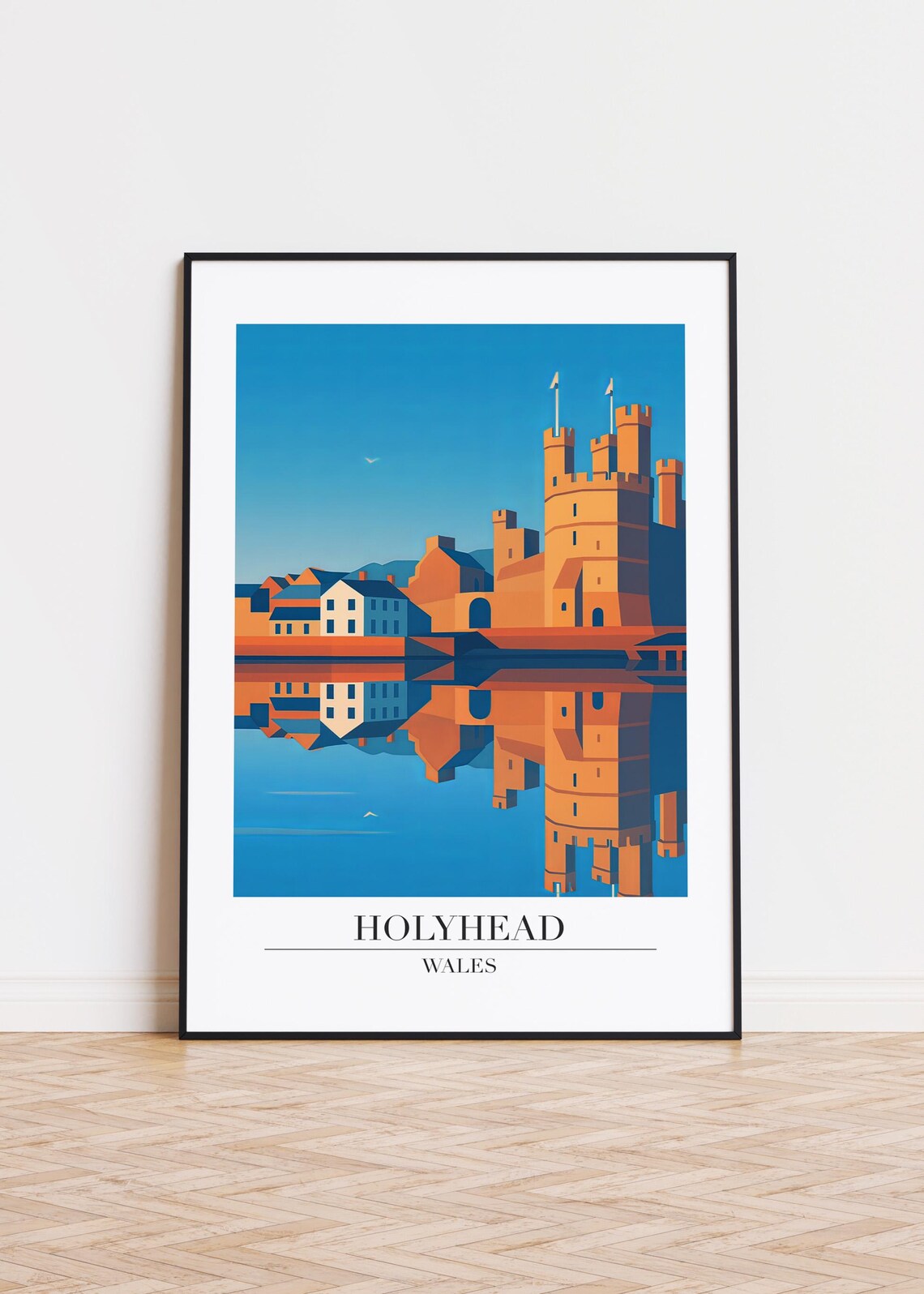 Holyhead Wales Castle Poster Sunset Harbor Reflection Travel Art