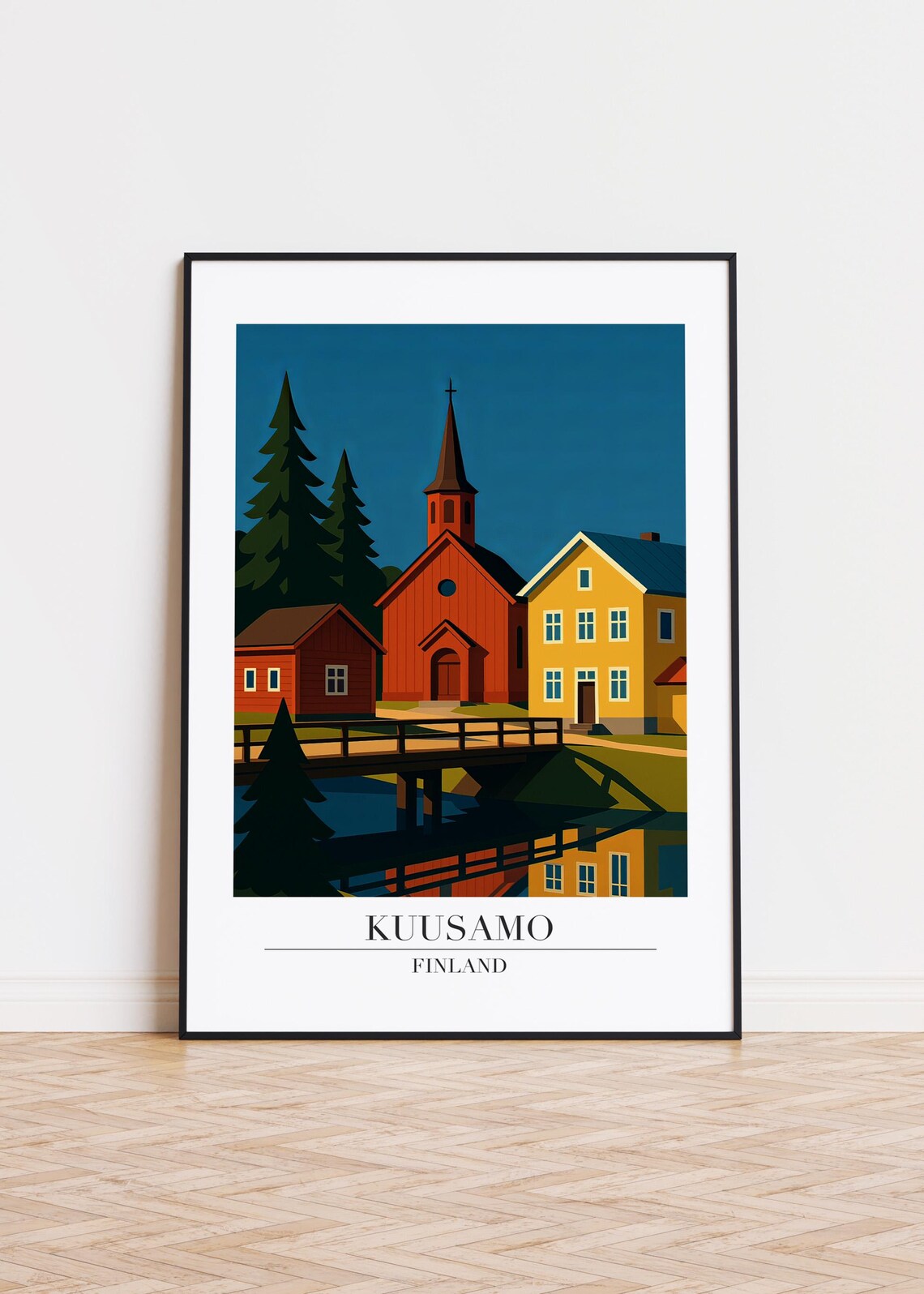 Kuusamo Finland Riverside Church And Bridge Illustration Poster