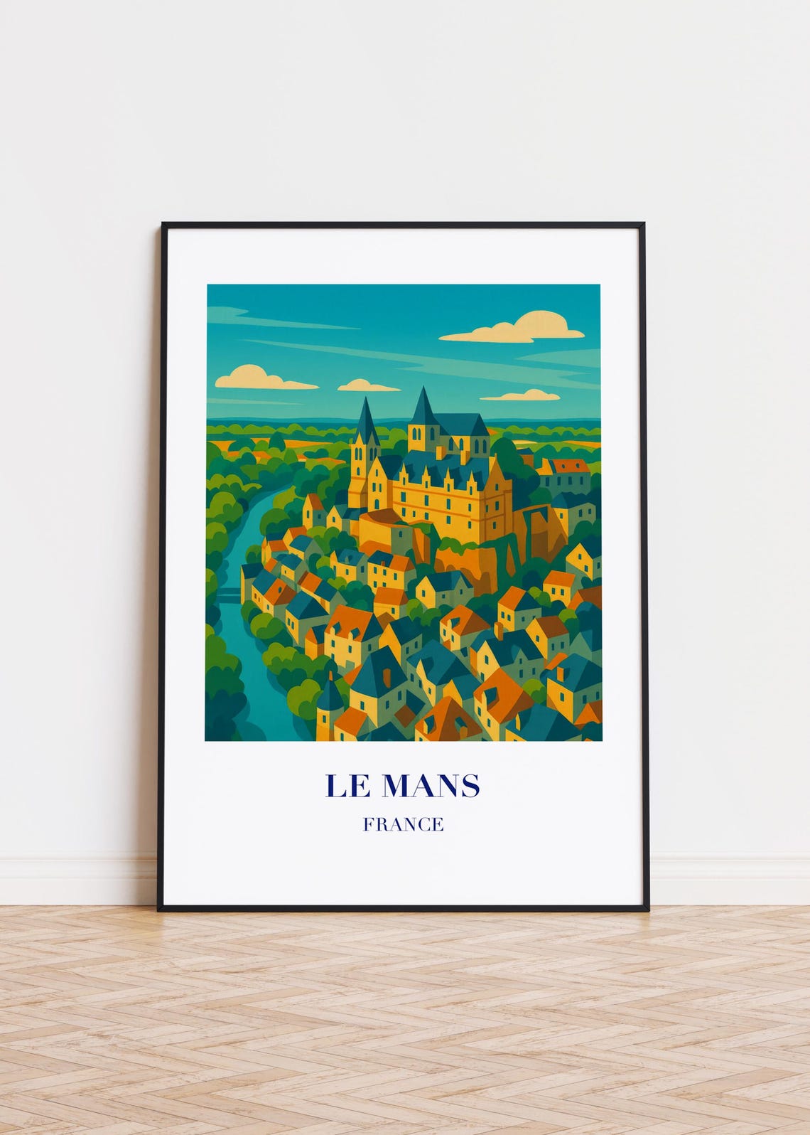 Le Mans France Hilltop Old Town Abbey River Retro Travel Poster