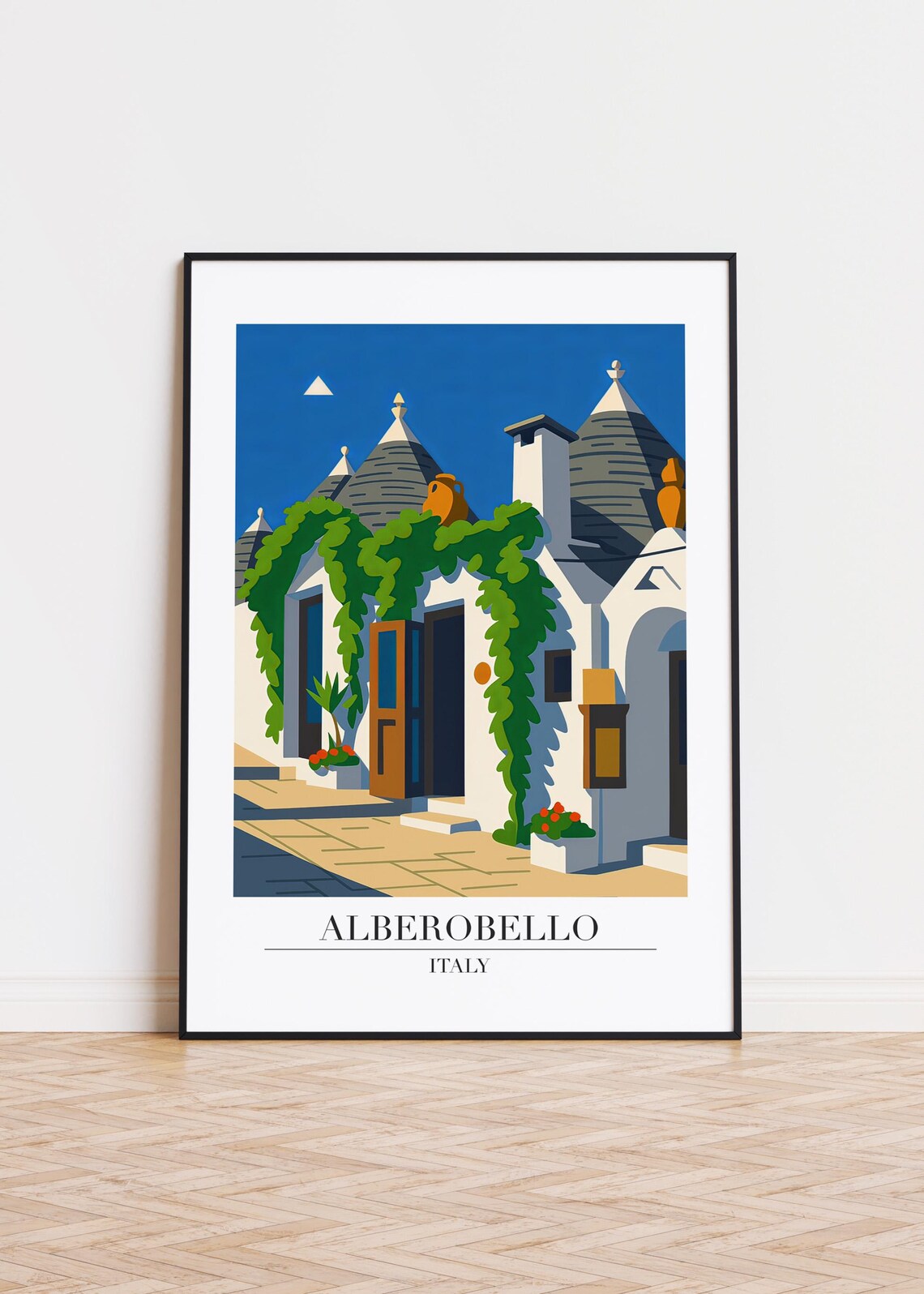 Alberobello Italy Trullo House Vine Courtyard Modern Travel Poster