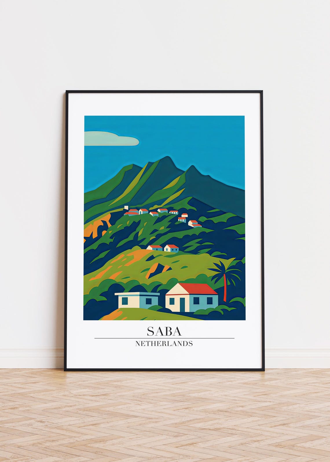 Saba Netherlands Green Mountain Island Village Travel Poster