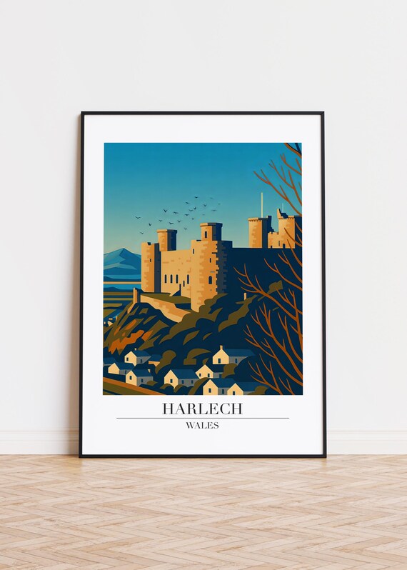 Harlech Wales Castle on Hill Modern Travel Illustration Poster