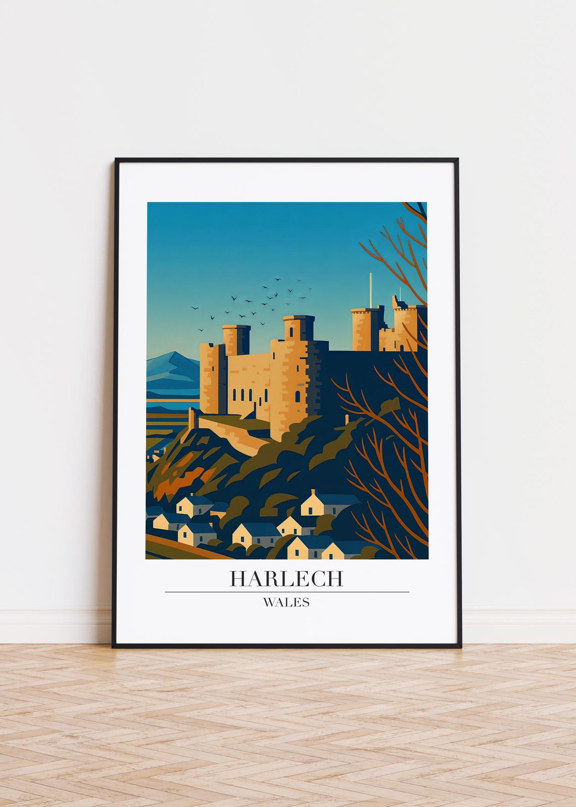 Harlech Wales Castle on Hill Modern Travel Illustration Poster