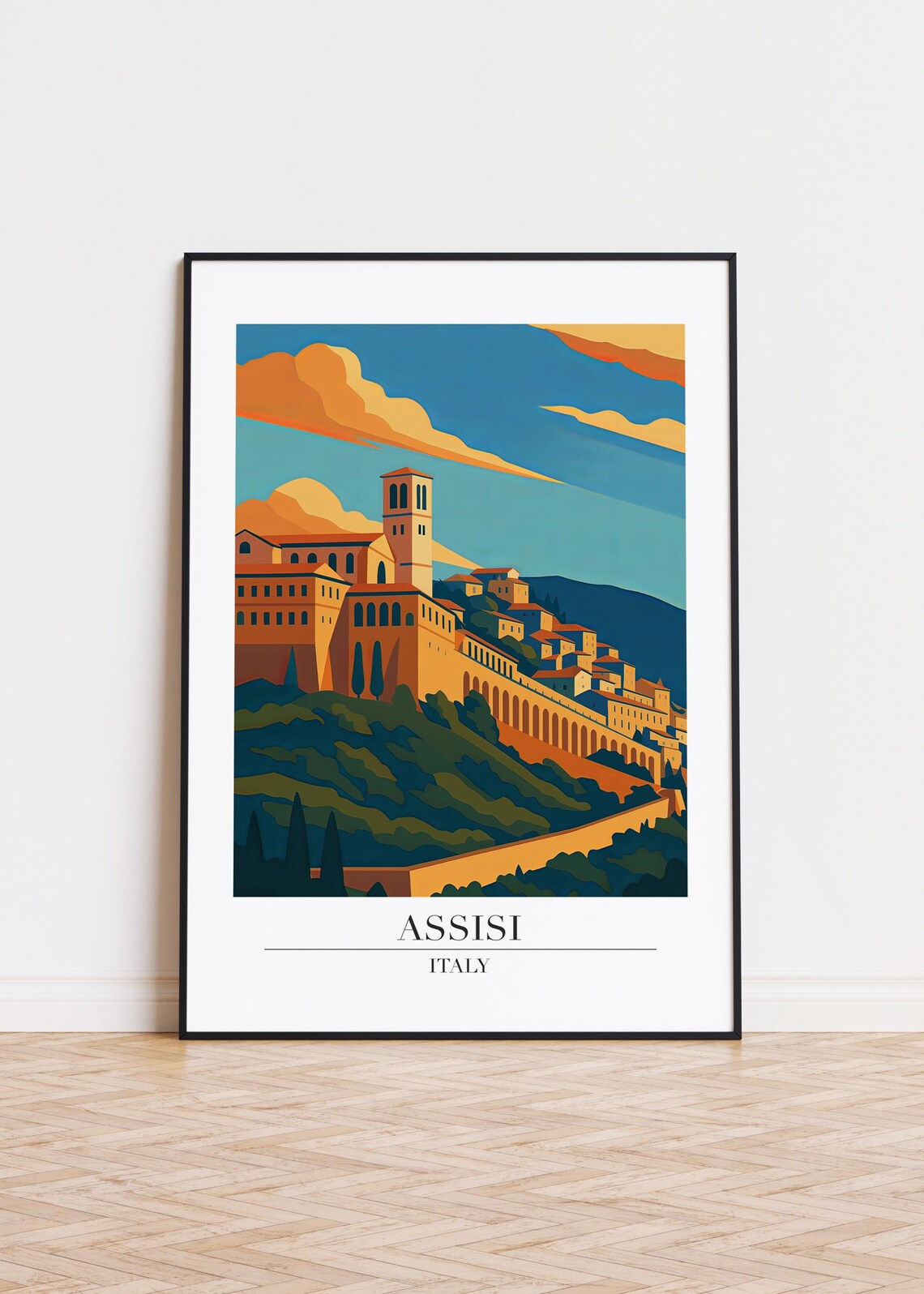 Assisi Italy Cityscape Illustration, Travel Poster