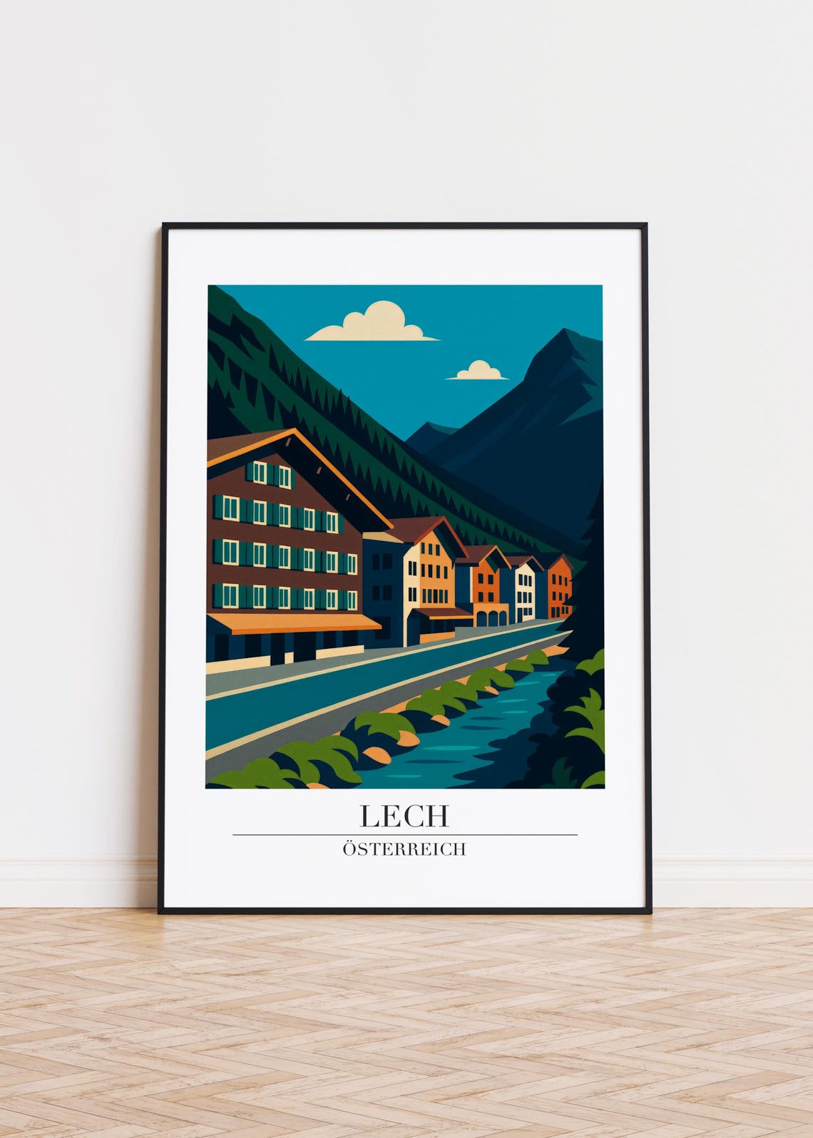 Lech Austria Alpine River Travel Poster Chalet Village Mountain Decor