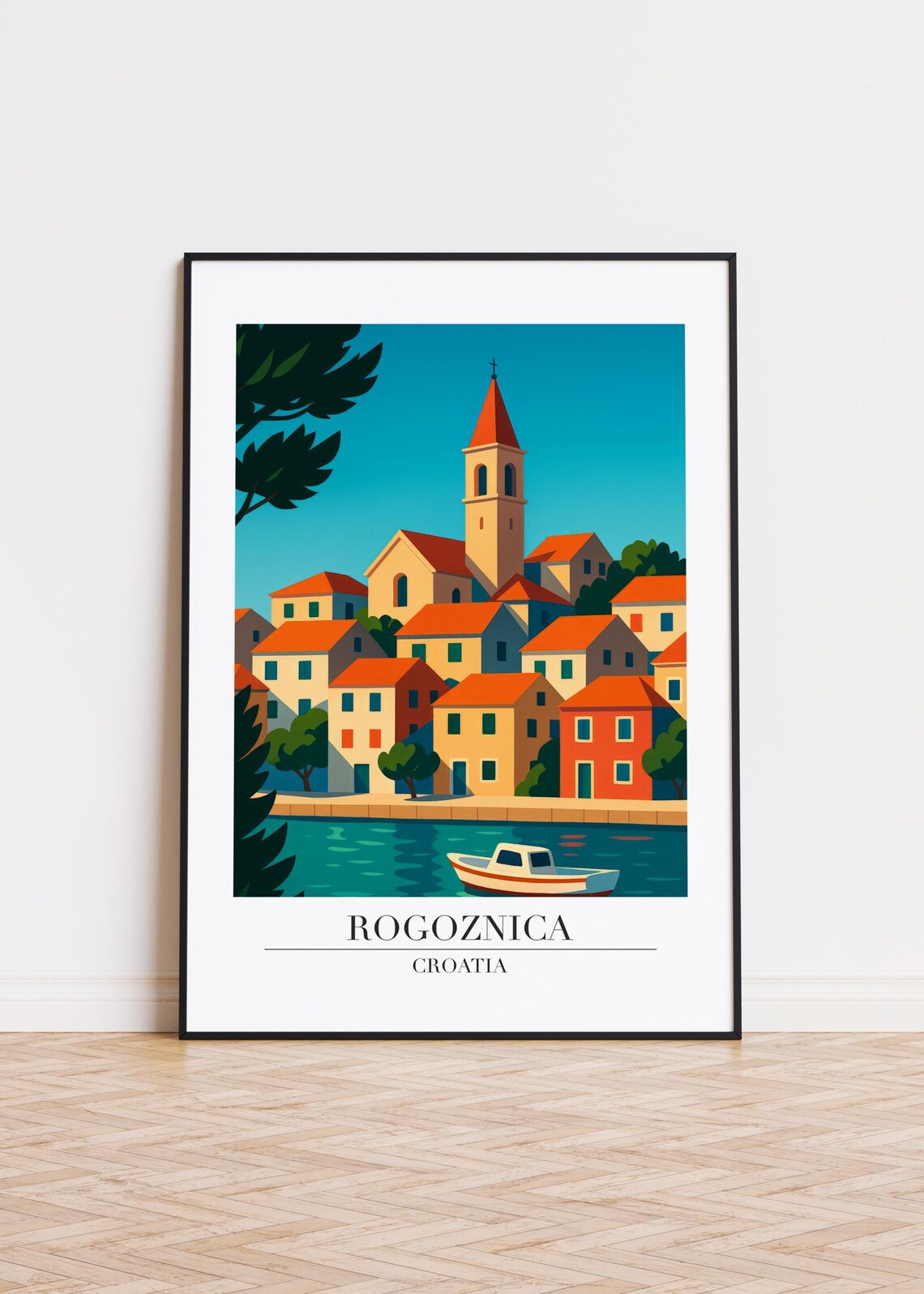 Rogoznica Croatia Church Tower Waterfront Boat Modern Travel Poster