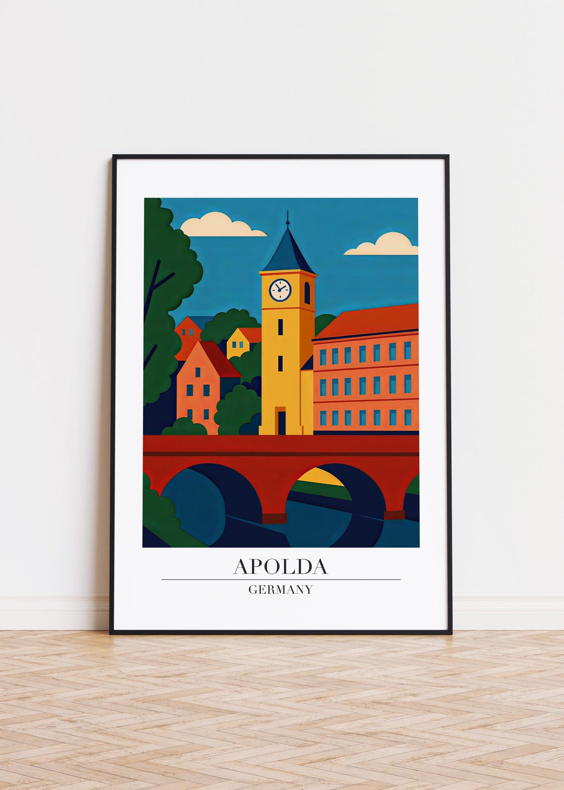 Apolda Germany Clock Tower Bridge Vintage Style City Travel Poster