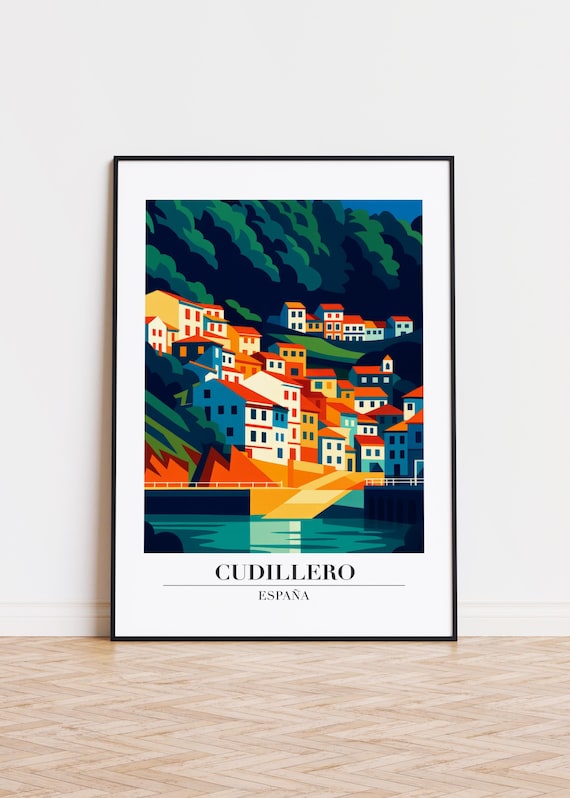 Cudillero Spain Fishing Village Harbor Vintage Travel Poster