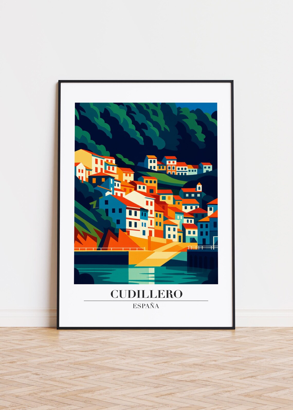 Cudillero Spain Fishing Village Harbor Vintage Travel Poster