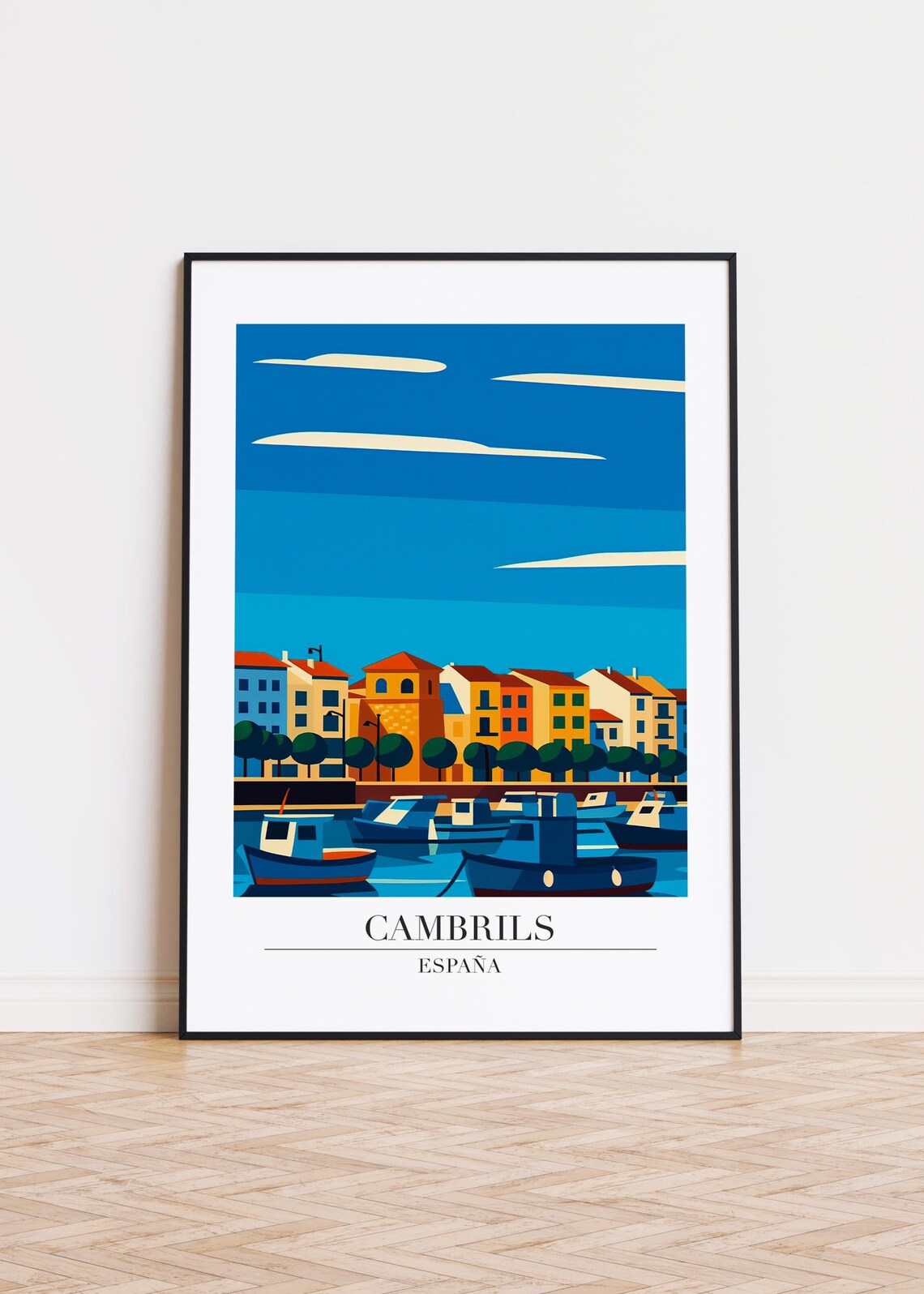 Cambrils España Fishing Harbor Boats Waterfront Modern Travel Poster