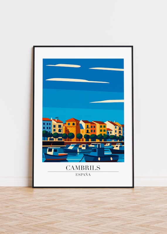 Cambrils España Fishing Harbor Boats Waterfront Modern Travel Poster