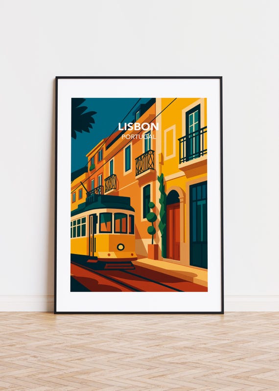 Lisbon Cityscape Poster, Modern Portugal Illustration