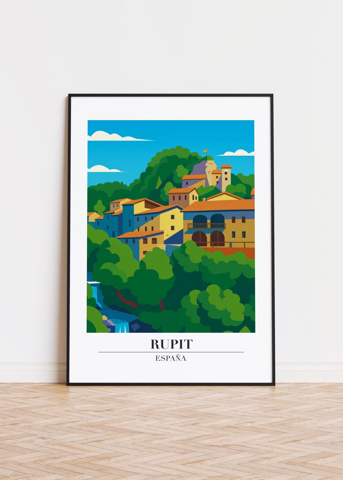 Rupit Spain Green Hillside Village Castle Scene Travel Poster