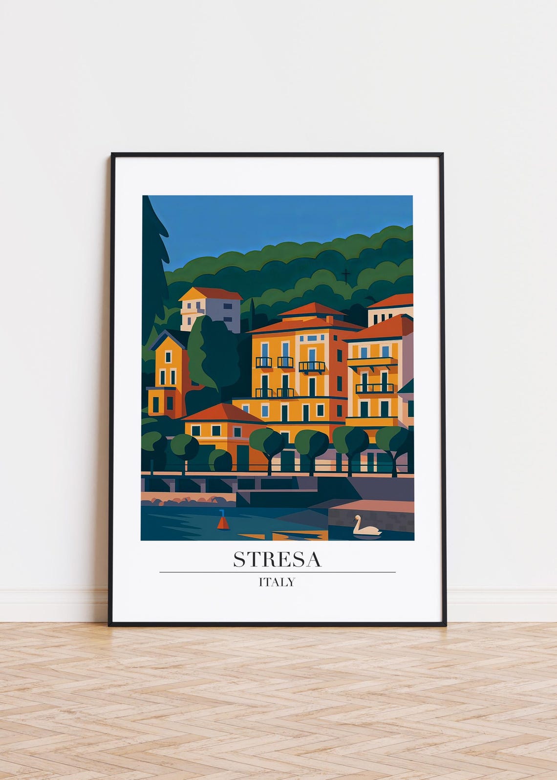 Stresa Italy Lake Maggiore Waterfront Swan Vintage Travel Poster