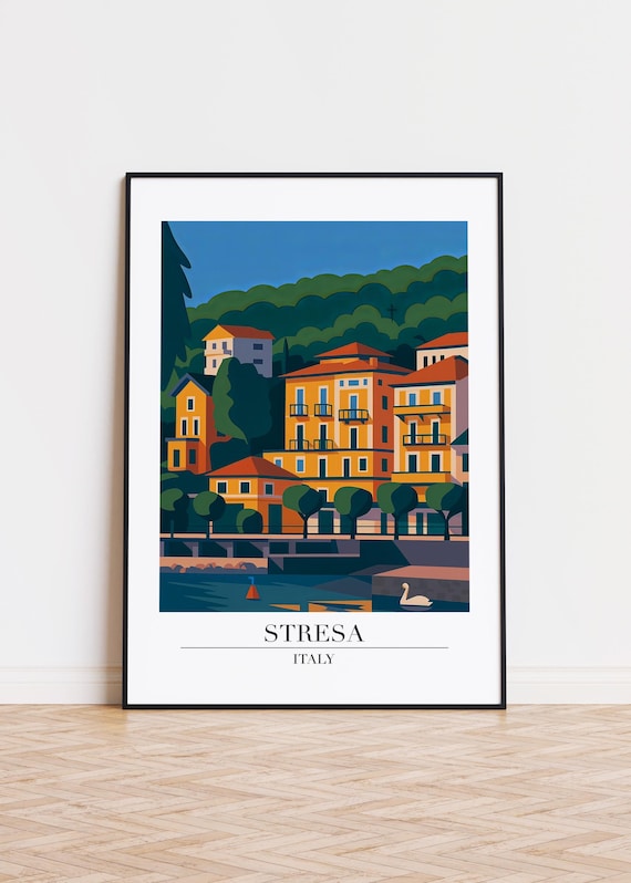 Stresa Italy Lake Maggiore Waterfront Swan Vintage Travel Poster