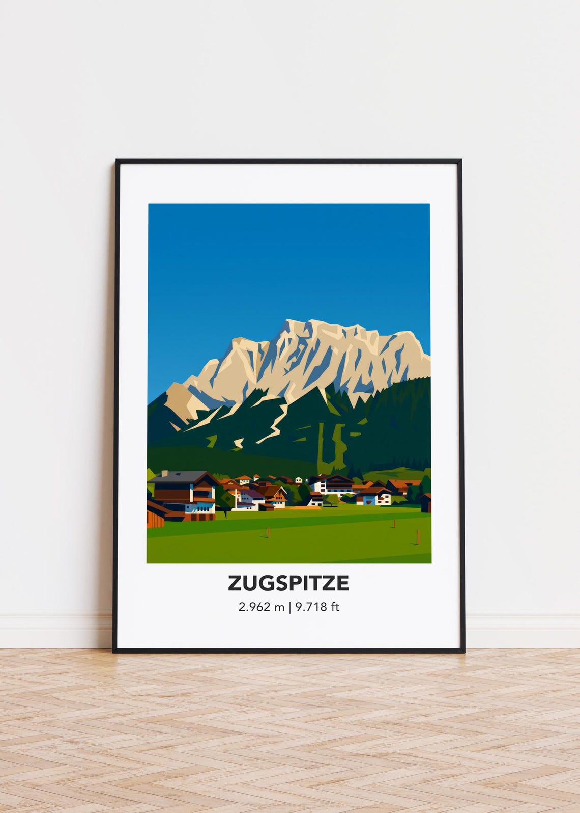 Zugspitze Mountain Minimalist Poster Alpine Village Modern Travel Art