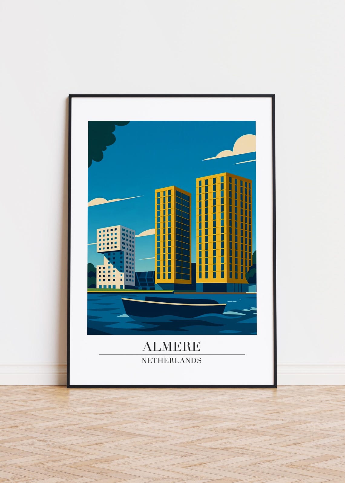 Almere Netherlands Modern Waterfront Towers Harbor Travel Poster