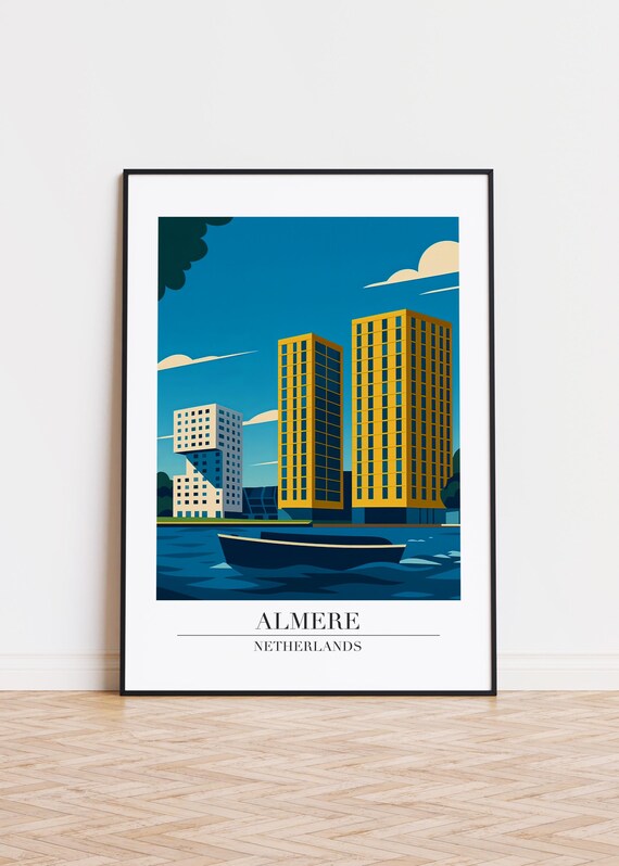 Almere Netherlands Modern Waterfront Towers Harbor Travel Poster