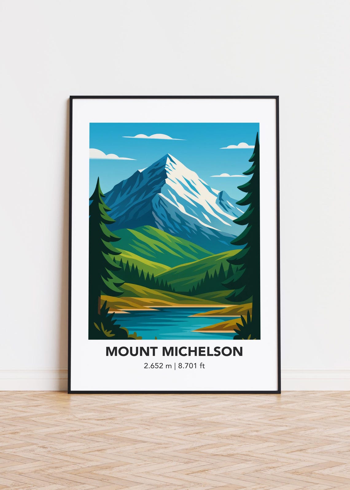 Mount Michelson Snowy Peak Over Alpine Lake Retro Travel Style Poster