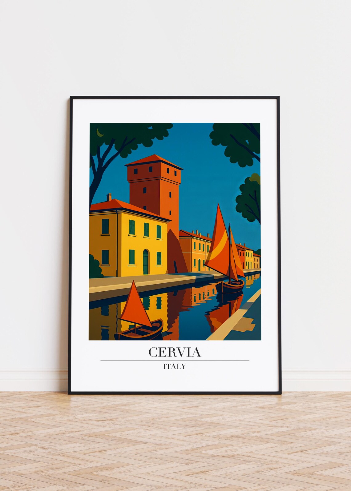 Cervia Italy Canal Orange Sailboats Tower Waterfront Travel Poster